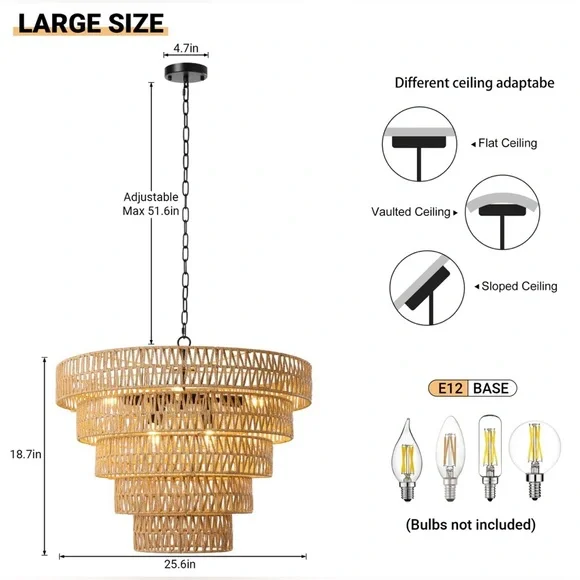 8-Light Dimmable Hand-Woven Rattan Tiered Chandelier - Picture 5 of 10